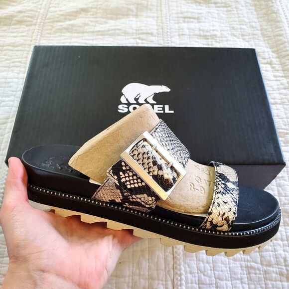 Sorel Roaming Snake Print Buckle Platform Slide - Picture 2 of 9